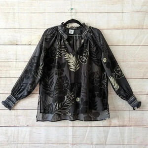 Cabi Size XS Aloha Blouse Sheer Tropical Gray Peasant Style Smocked Top # 5597.